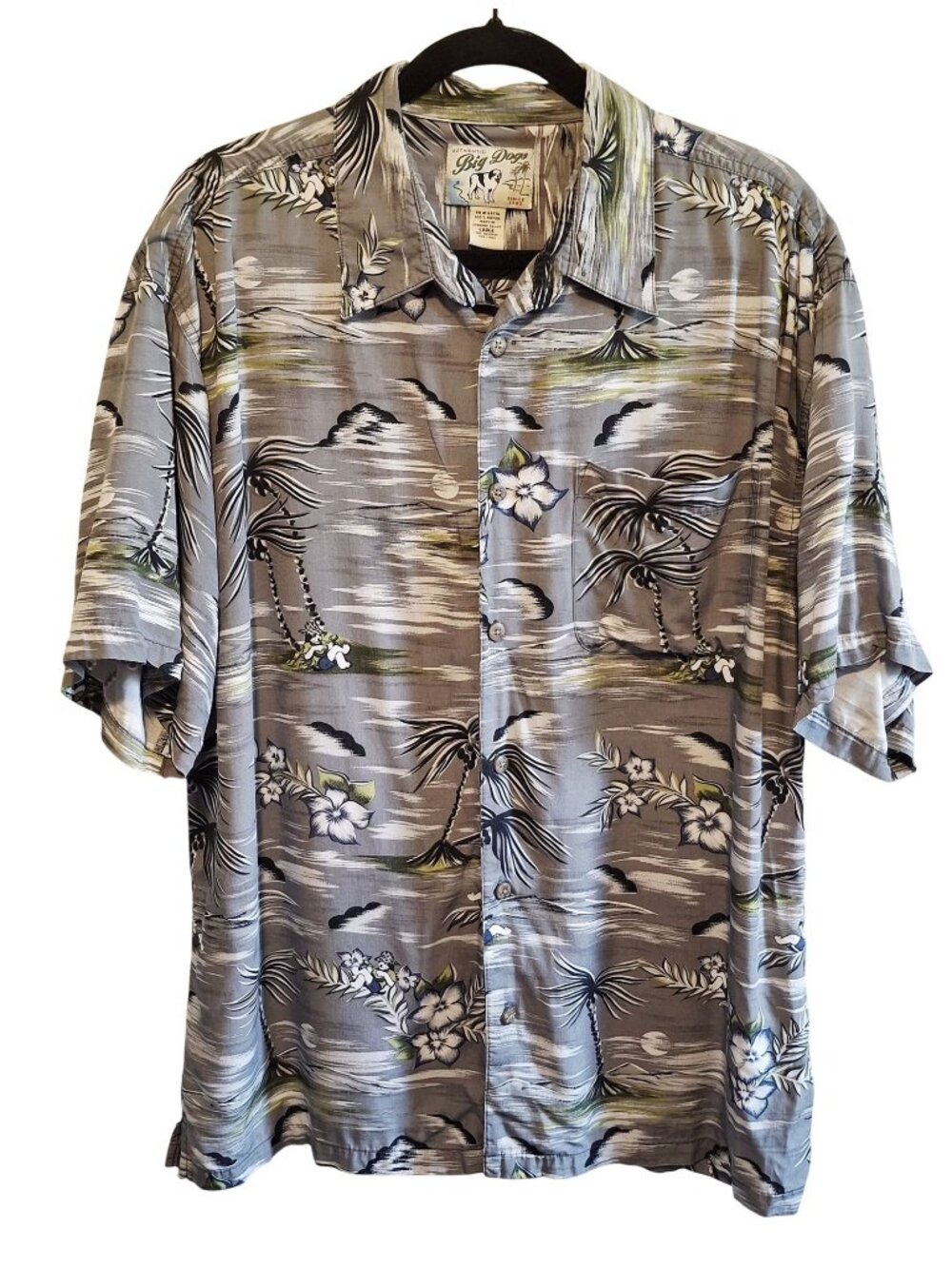 Big Dogs Mens Hawaiian Button-Up Shirt Gray Floral Palm Tree Print Size L